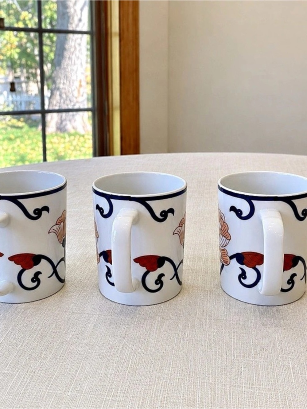 Fitz and Floyd Variations Floral Mugs Set of 3 in White & Blue
